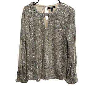 Cable & Gauge Large Long Open Sleeve Sequin Top Keyhole Back Sparkle Holiday